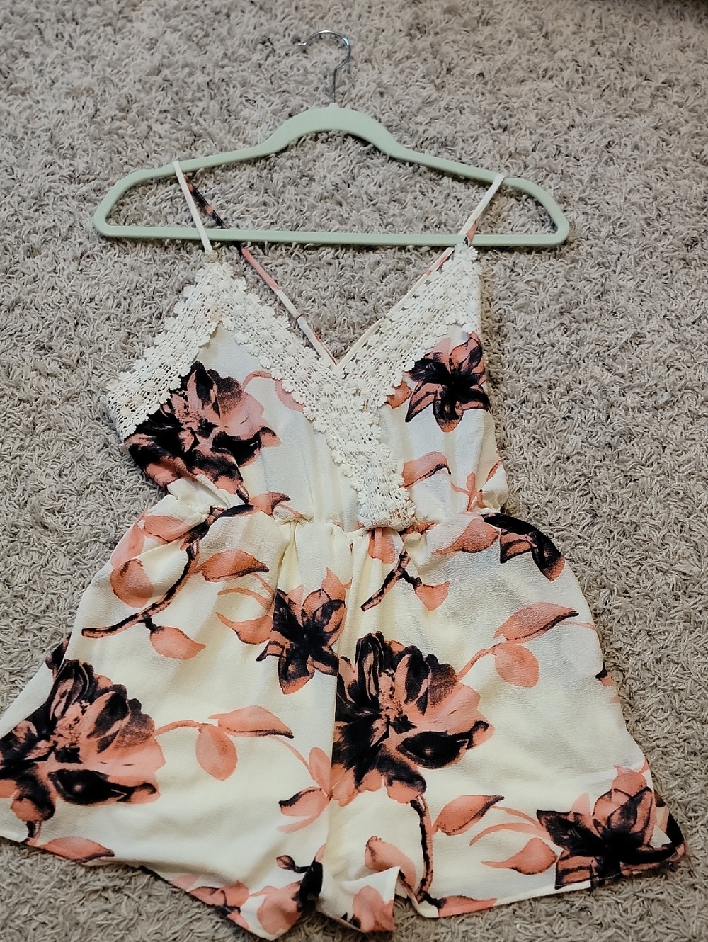 Floral Crochet-Trim Romper in Cream and Pink